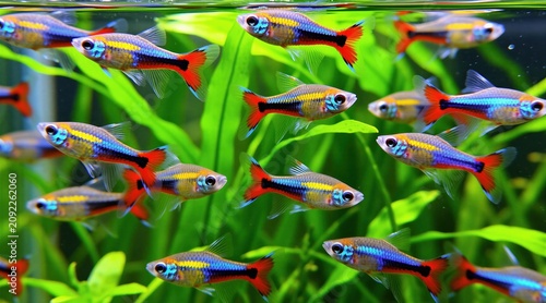 Colorful guppy fish school together in a green planted aquarium. Small aquatic pets swim in clear fresh water. Tiny fish have bright red blue yellow stripes.