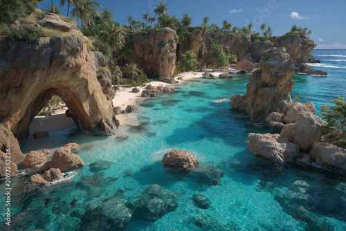Tropical Paradise Cove: Crystal-clear turquoise waters lap against a secluded sandy beach, framed by dramatic rock formations and lush tropical vegetation.
