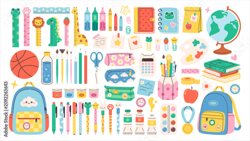 Cute school supplies set. Perfect for education, school design, classroom decorations, learning materials, posters, stickers, and back to school themed design. Flat vector illustration