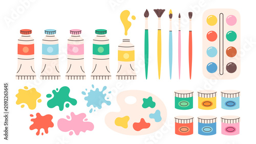 Cute art supplies set with acrylic or oil paint tubes, gouache jars, brushes, paint splashes, and watercolor palette. Flat vector illustration