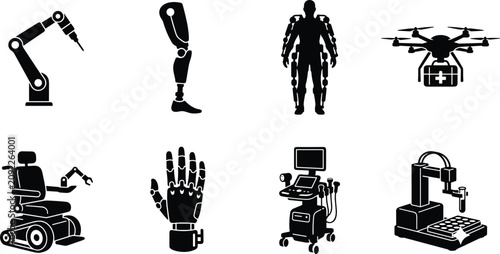 Collection of eight black robotics and medical technology icons for healthcare, bionics, and future tech themes