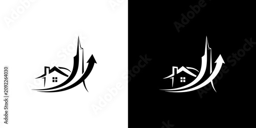 Tableau sur toile Real Estate Growth Logo Design with House City Skyline and Upward Arrow Symbol