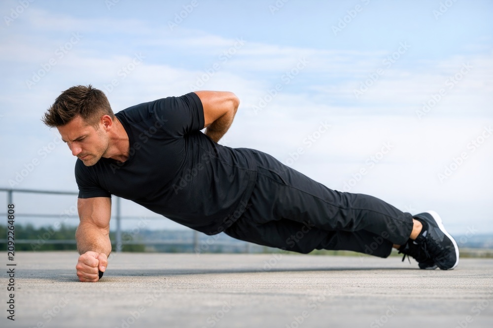 Fototapeta premium A person performing push-ups on a smooth concrete surface