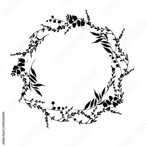 Black ink floral wreath silhouette, round gothic botanical frame with leaves and berries PNG

