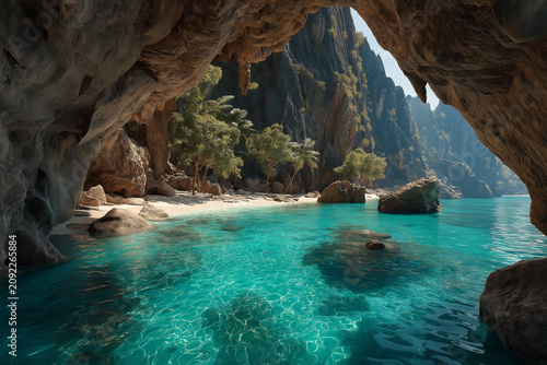 Crystal Cave Paradise: View from inside a cave opening out to a stunning tropical beach with turquoise water, palm trees, and dramatic rock formations.