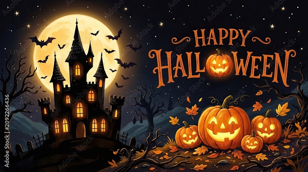 Fototapeta premium Spooky halloween castle with jack o' lanterns and bats under a full moon