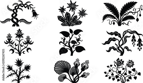 Cuadro en lienzo Fantasy alien plants silhouette collection featuring exotic prehistoric jungle f