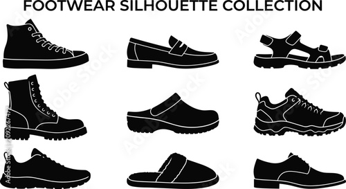 Bild auf Leinwand Footwear silhouette collection featuring boots sneakers loafers sandals and slip