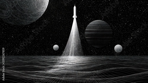 Rocket launching into space above a digital grid. Innovation concept.