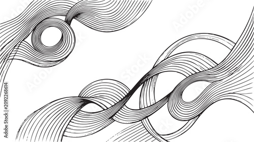Black and white vector graphic illustration of swirling lines and curves, abstract design element, modern artistic pattern, flowing shapes, creative graphic, decorative background, artistic lines