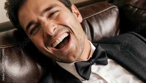 Happy man in formal suit and bow tie laughing on brown leather sofa