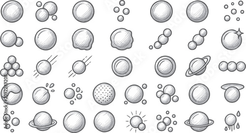 фотографія Vector illustration of various bubble and sphere designs in a sketch style, including planets and orbs with different textures and effects on a white background