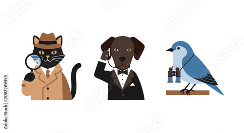 Fotografía Anthropomorphic animal characters detective agent and observer icons