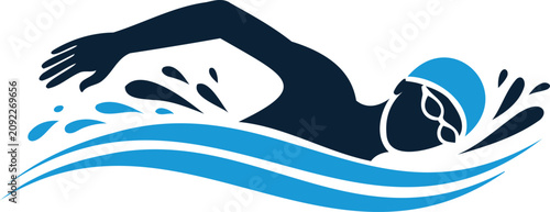 Swimmer in swimming cap and goggles swimming through blue waves in water