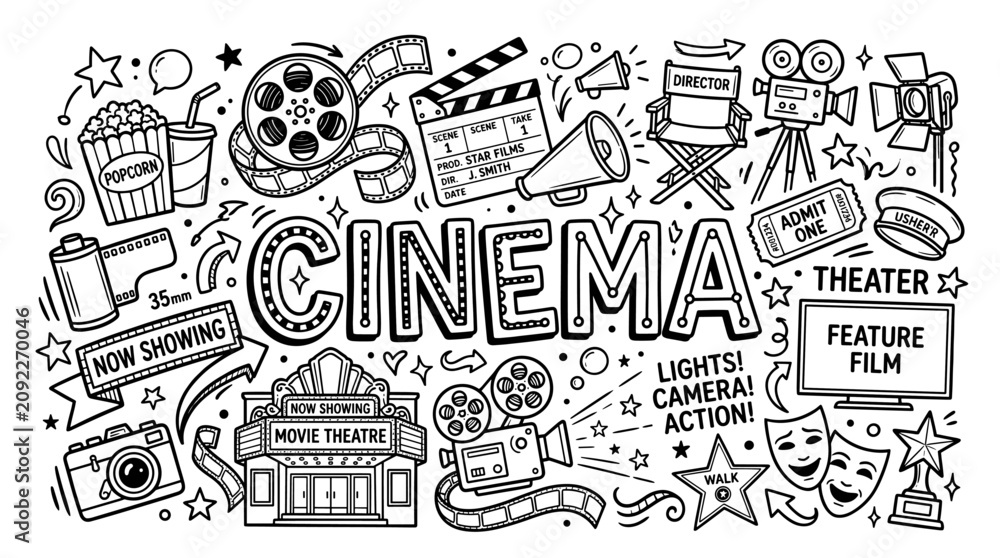 Fototapeta premium Cinema and Movie Industry Symbols in Black and White Hand Drawn Doodle Style