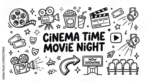 Cinema and Movie Industry Symbols in Black and White Hand Drawn Doodle Style