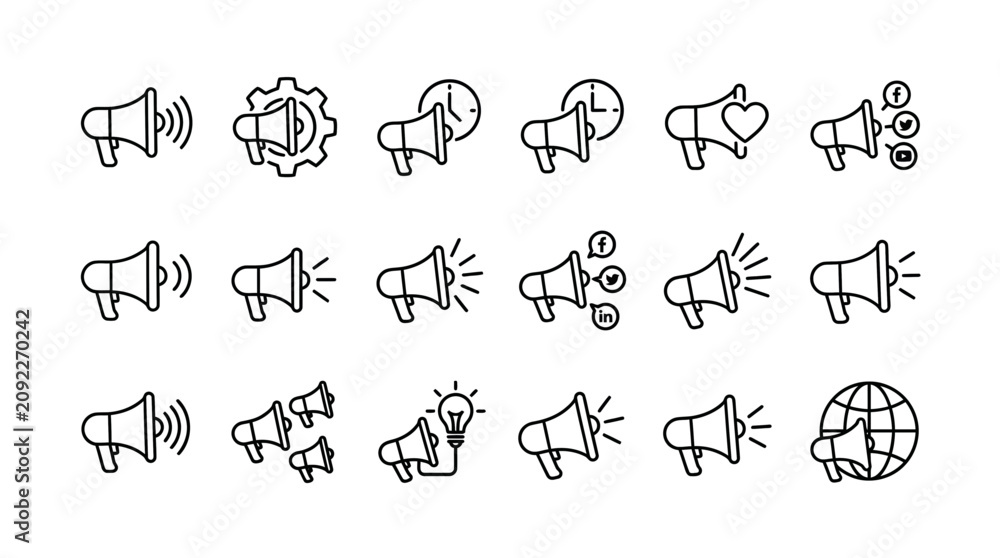 Fototapeta premium Megaphone and bullhorn line icon set for marketing communication