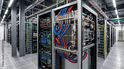 Server racks featuring dense red and blue liquid cooling tubes within a data center environment.