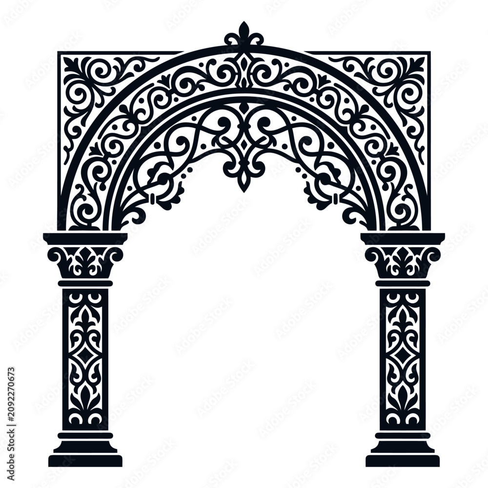 Obraz premium An ornate black decorative archway with intricate floral scroll patterns