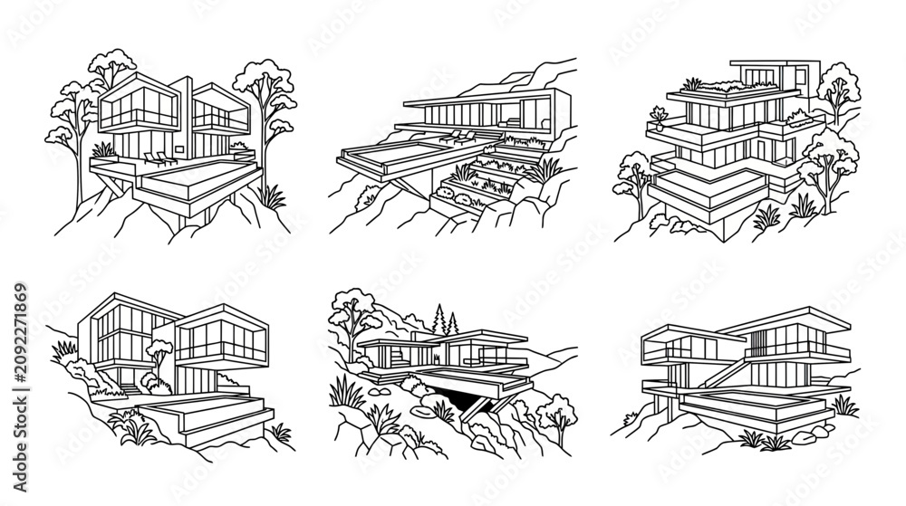 Fototapeta premium Modern Architecture: Luxury Villa Designs on Hillsides - Line Art Set