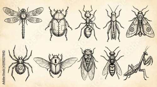 Canvastavla A collection of ten steampunkstyle mechanical insects and arachnids illustrated