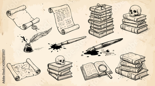 Quadro su tela Sketches of scrolls books skulls and writing instruments on aged paper