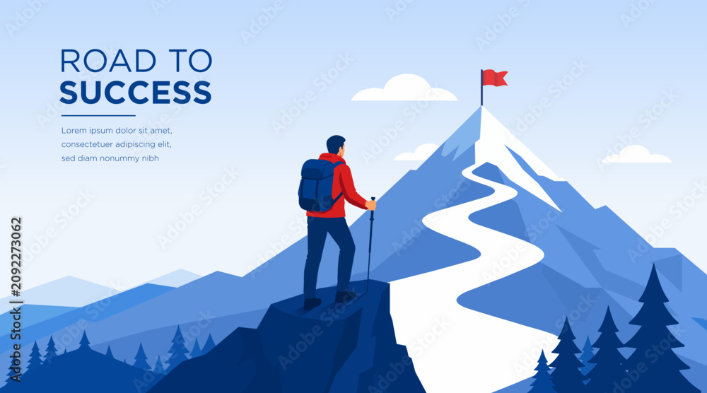 Fototapeta premium Road, Success, Mountain, Journey, Achievement vector banner featuring a climber reaching goals and business ambition concept. Modern illustration background for presentation, website banner