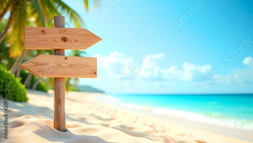 Artwork showing wooden signpost with two blank directional arrows pointing left and right on sandy tropical beach with turquoise ocean and palm trees