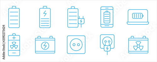 Battery Charging Line Icons Set. Battery Level, Electric Power, Charger, USB Charging, Energy Status Outline Vector Collection
