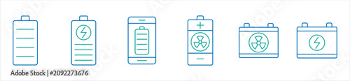 Battery Charging Line Icons Set. Battery Level, Electric Power, Charger, USB Charging, Energy Status Outline Vector Collection