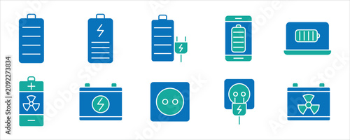 Battery Charging Line Icons Set. Battery Level, Electric Power, Charger, USB Charging, Energy Status Outline Vector Collection