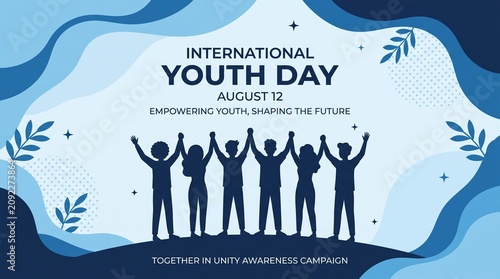 International Youth Day Vector Banner with Silhouette of People Holding Hands, Together in Unity Awareness Campaign Template for August 12, Empowering Youth and Shaping the Future Design