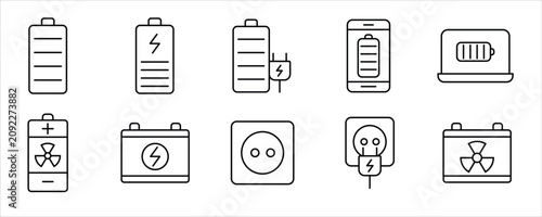 Battery Charging Line Icons Set. Battery Level, Electric Power, Charger, USB Charging, Energy Status Outline Vector Collection