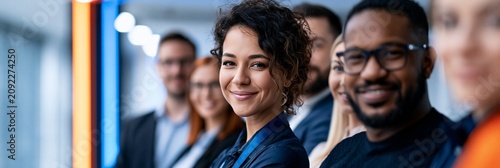A diverse group of smiling young professionals standing in a line indoors with a confident woman in focus in the foreground