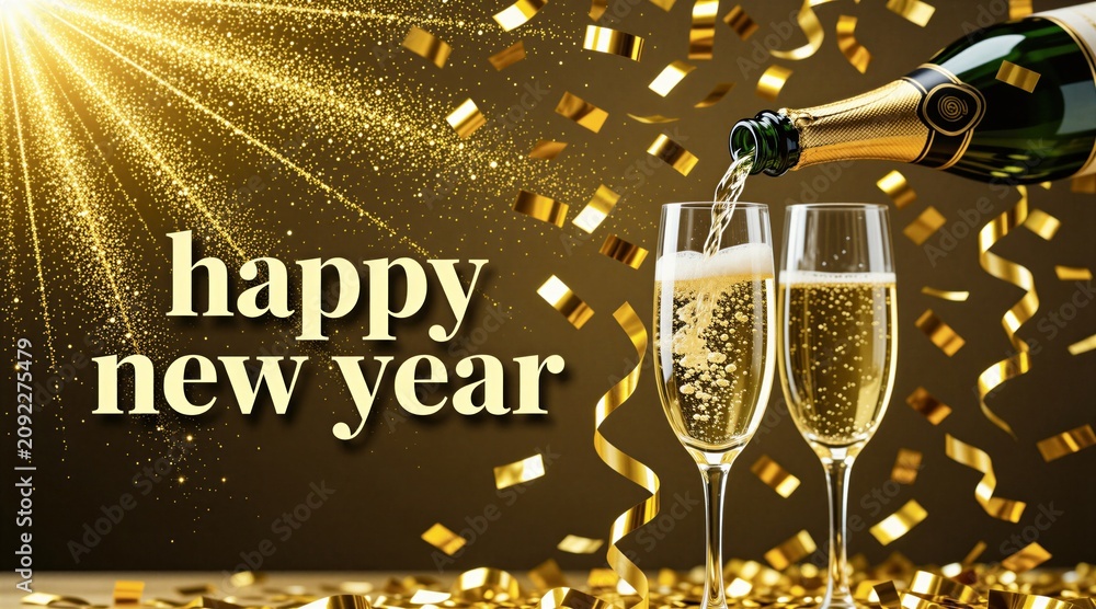 Fototapeta premium Champagne pours into glasses. Golden confetti falls around text. Happy New Year celebration with bubbly drink and sparkling lights. Festive party atmosphere.