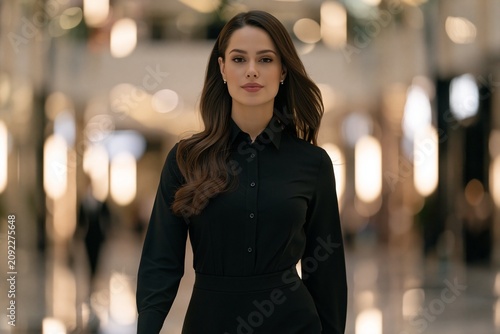 Confident young woman with long hair wearing black blouse standing in elegant indoor space with blurred lights in the background