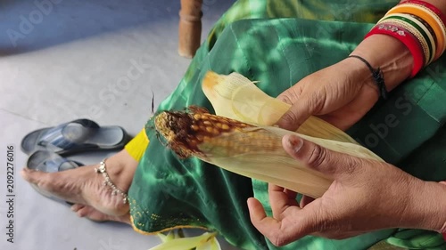 An Indian woman peeling corn cobs