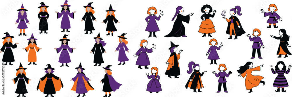 Obraz premium Set of halloween witches in various poses and colors for spooky decorations