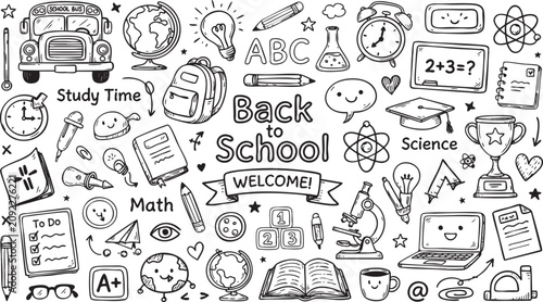 Back to school, education icons, black and white illustrations, school supplies, doodle style vector graphics