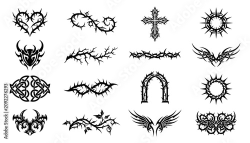 Canvas Print Tribal Tattoo Symbols Set with Black Spiked Hearts, Crosses, Suns, and Ornamenta