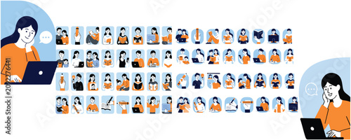 Flat design business icons, office workflow symbols, professional people, communication and technology