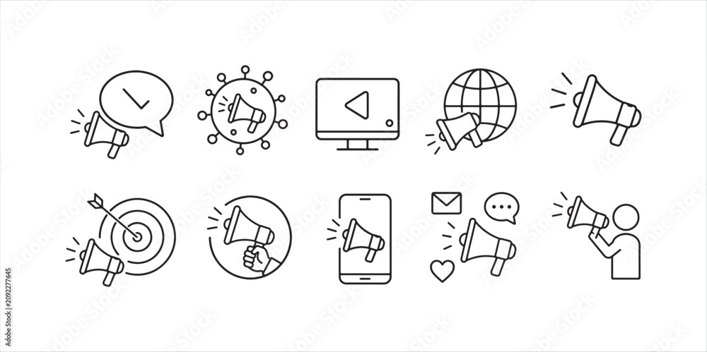 Fototapeta premium Set of marketing and advertising icons with megaphones and speech bubbles.