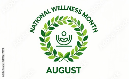 National Wellness Month August Banner with Green Laurel Wreath and Meditation Wellness Icon Vector Illustration