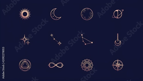 Set of celestial and mystical rose gold icons on dark blue background