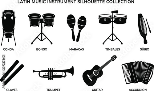 Bild auf Leinwand Latin music instrument silhouette collection, conga, bongo, maracas, timbales, g