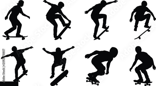 Photos Skateboard Trick Silhouette Collection with Skateboarding Jump and Freestyle Act