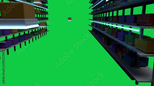 Glowing robot appearing far starting fleet gliding down aisle, aligning to load on transparent void