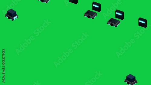 2nd unit appearing pair moving diagonal glowing cyan aligning to dock with pads on transparent void