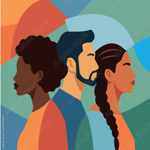 Diverse group of people portraits, side view, community and unity concept, modern flat vector illustration representing multiculturalism and diversity