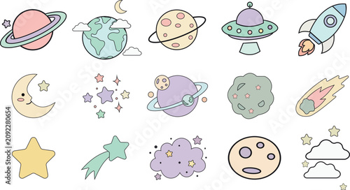 Φωτογραφία Set of cute space icons, planets, rocket ship, ufa, and stars, doodle style astr